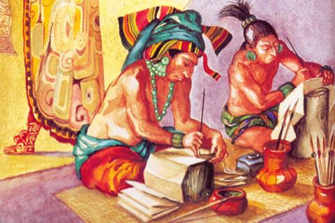 Artistas mayas pintando códices históricos / Ilustración: Leonid Nepomniachi