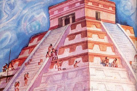 Construcción de El Castillo de Chichén Itzá / Ilustración: Leonid Nepomniachi