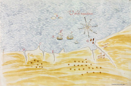 Las islas Marías señaladas con la letra "B" en el mapa español manuscrito de 1632. Biblioteca Nacional de España.