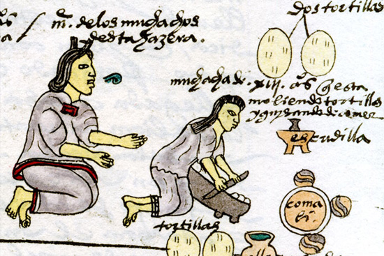 Mujer mexica y su hija preparando tortillas (Codez Mendoza) / Wikimedia Commons