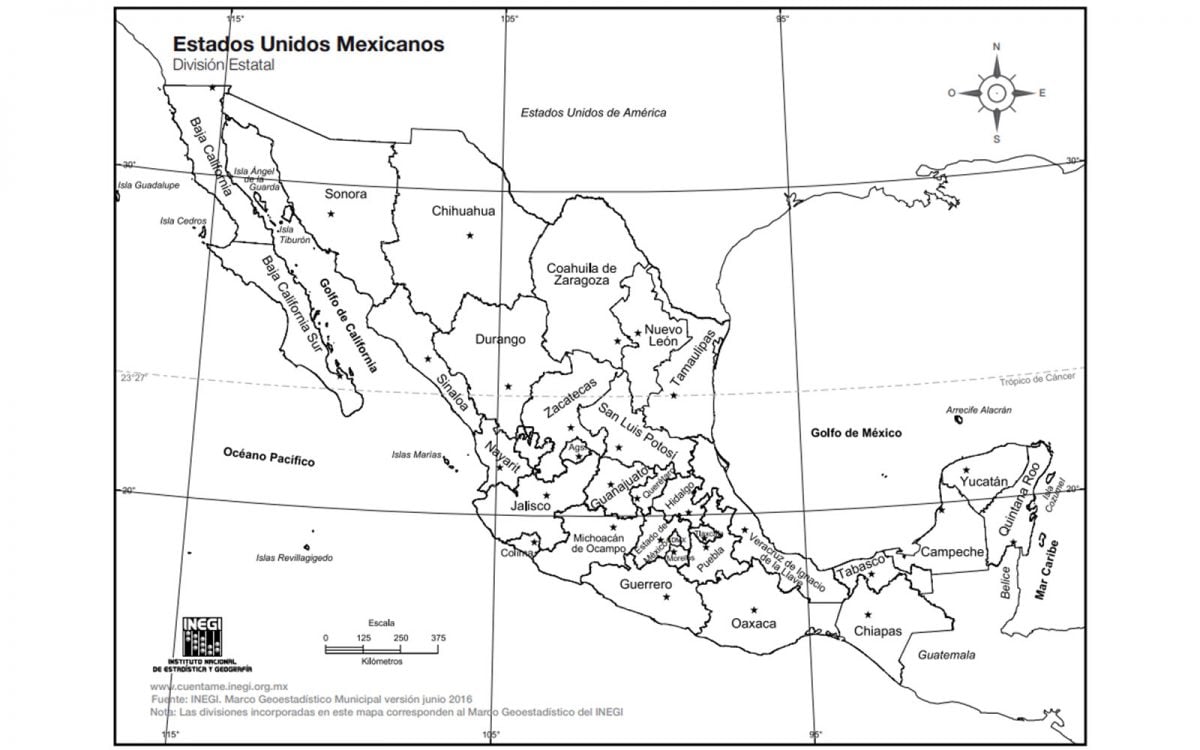 Mapa de México con nombres sin color