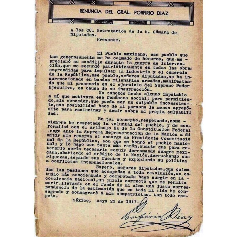 Carta de renuncia de Porfirio Díaz