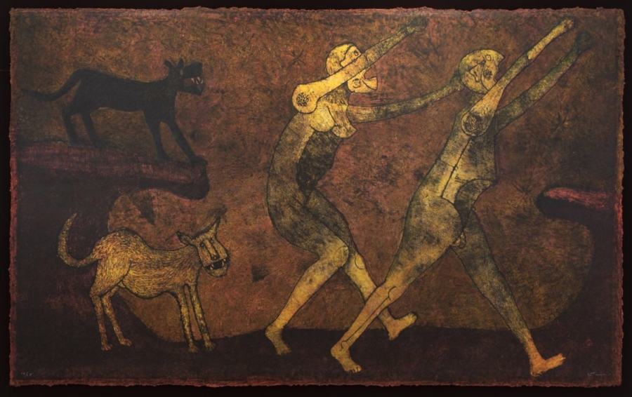 Mixografía: Dos personajes atacados por perros, Rufino Tamayo. 1983