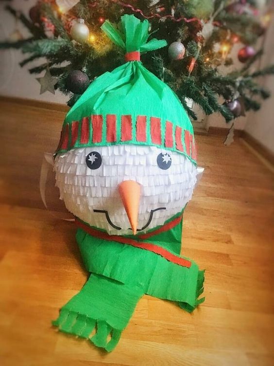 How to make a balloon piñata is very easy.  Here decorated as a snowman