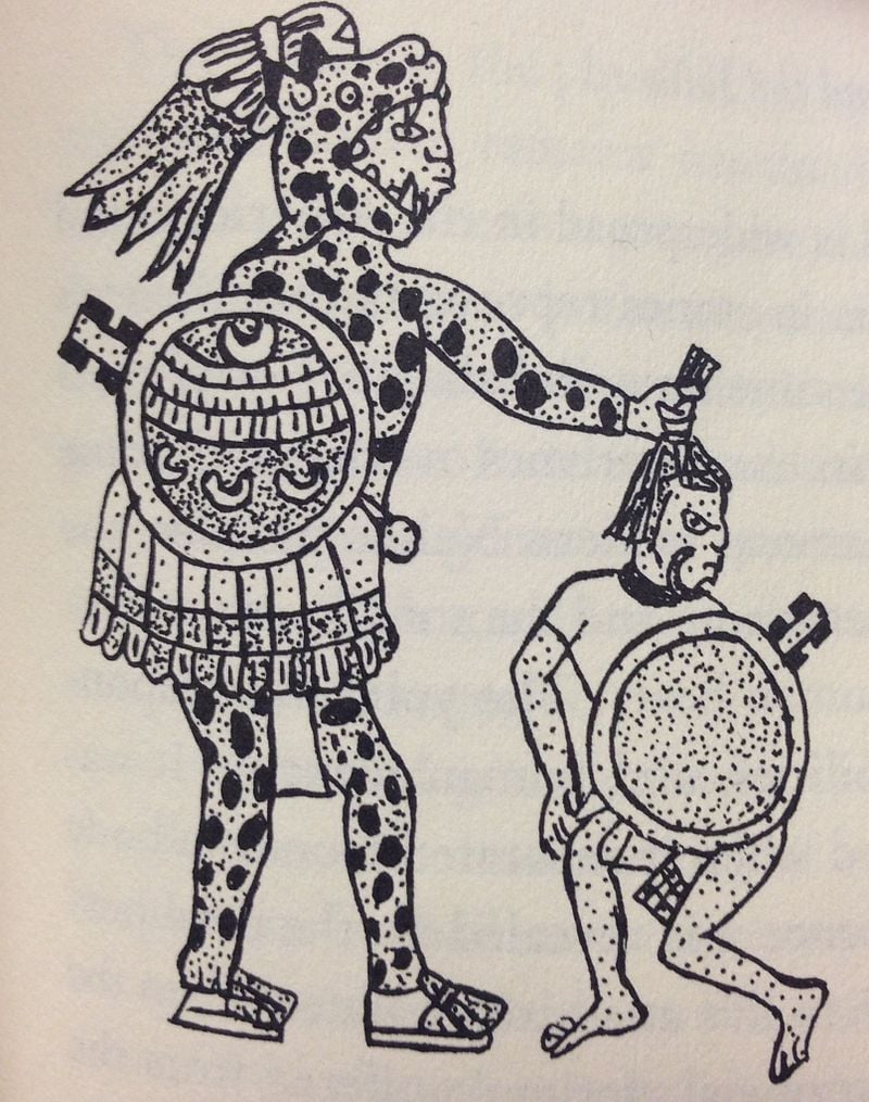 Representación de un guerrero prehispánico tomando el tonalli (vigor) de un prisionero