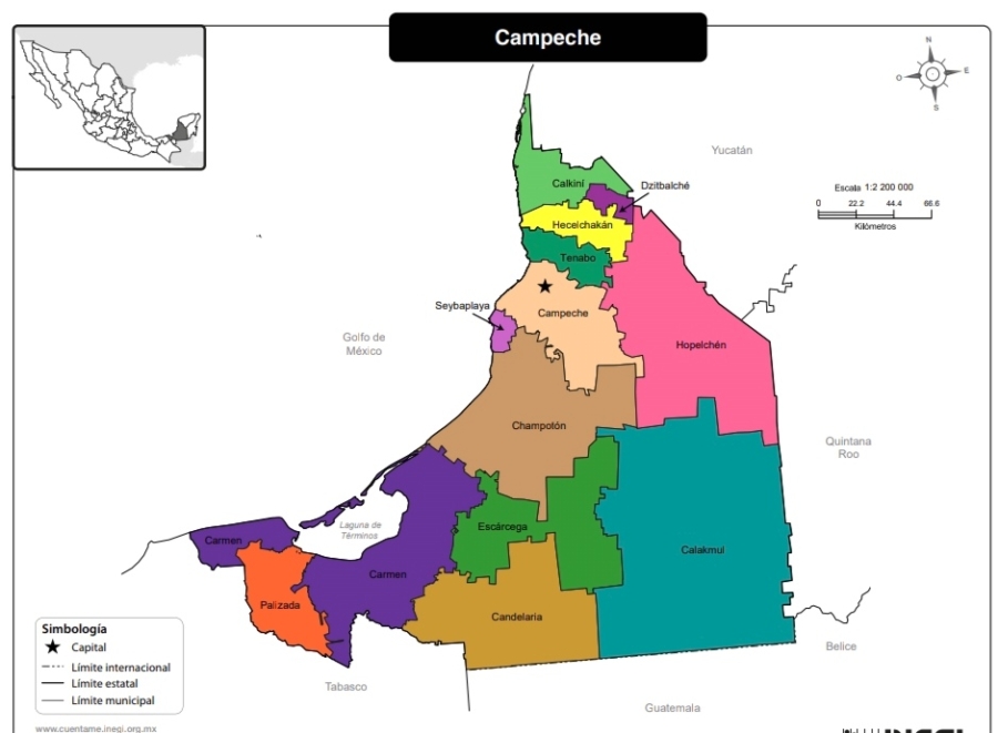 Mapa a color y con nombres de Campeche