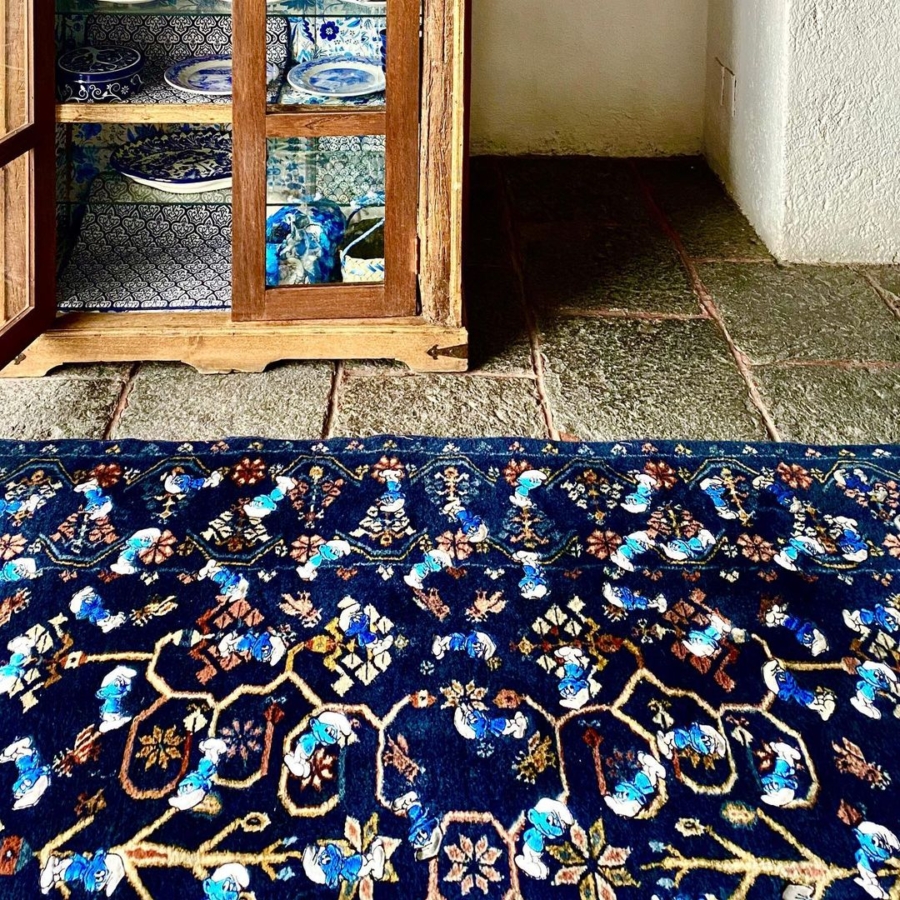 Un hermoso tapete de Temoaya con pitufos