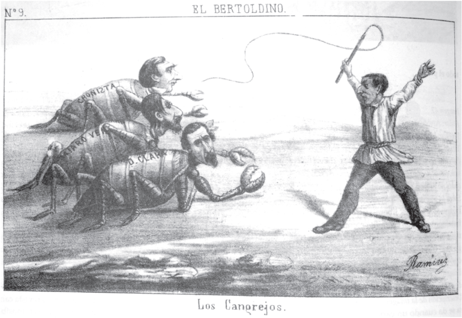 los cangrejos caricatura Caricatura “Los cangrejos”, aparecida en el periódico El Bertoldino (1865)