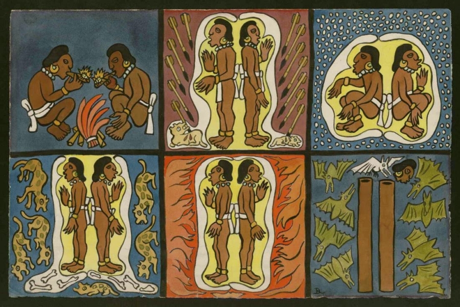 Los héroes gemelos del Popol Vuh. Acuarela que, al igual que Creación, formaba parte de las ilustraciones de Diego Rivera. Pexels.
