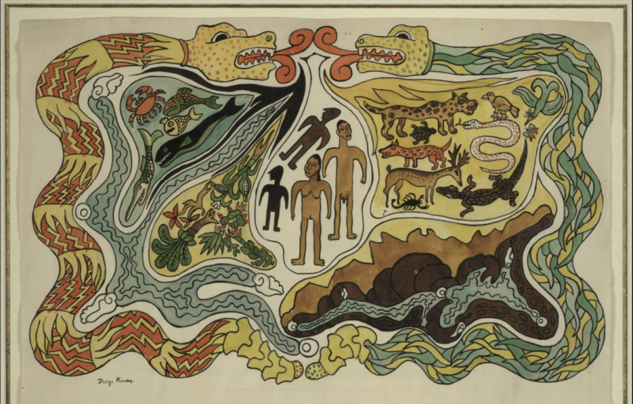 Creación, una acuarela de Diego Rivera para ilustrar una traducción del Popol Vuh al inglés. Library of Congress.
