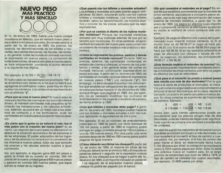 Folleto difundido por el Banco de México para explicar el nuevo valor de la moneda nacional. AHBM.