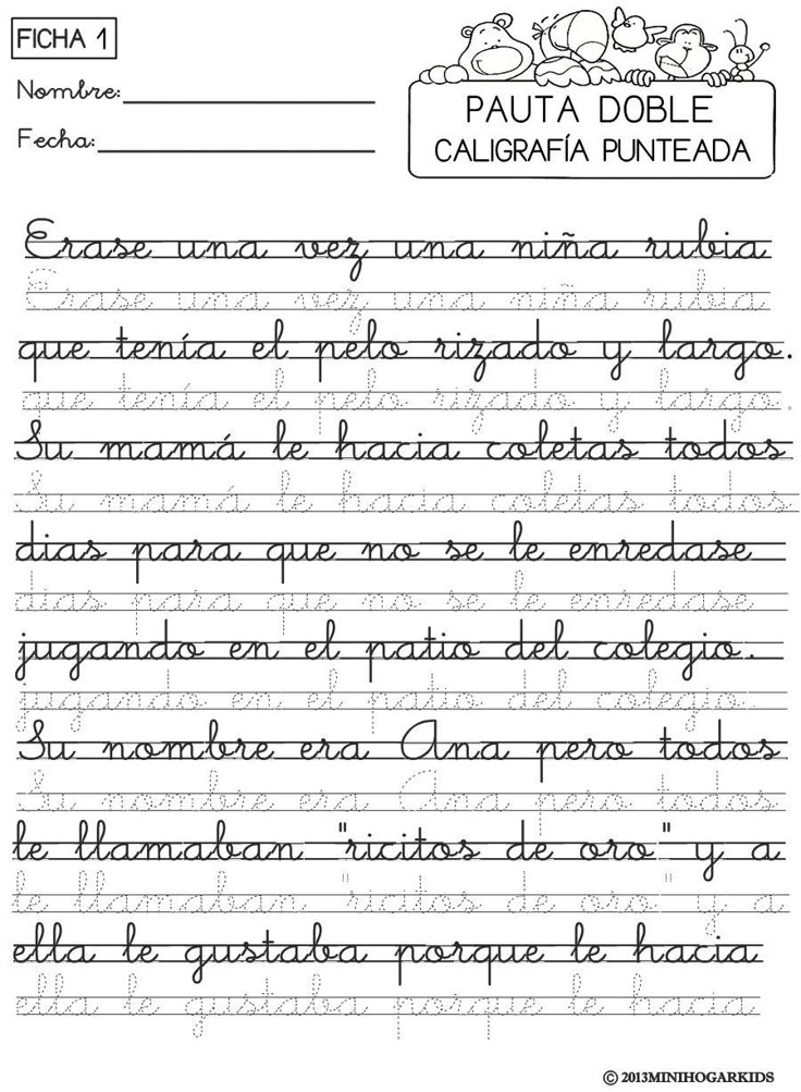 En los cuadernos de caligrafía venían los renglones marcados, líneas punteadas y letras guía que los alumnos debían repasar una y otra vez. Pinterest.